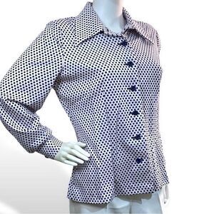 70’s Vintage White & Navy Dot Polyester Button Down Long Sleeve Shirt Top XL 16